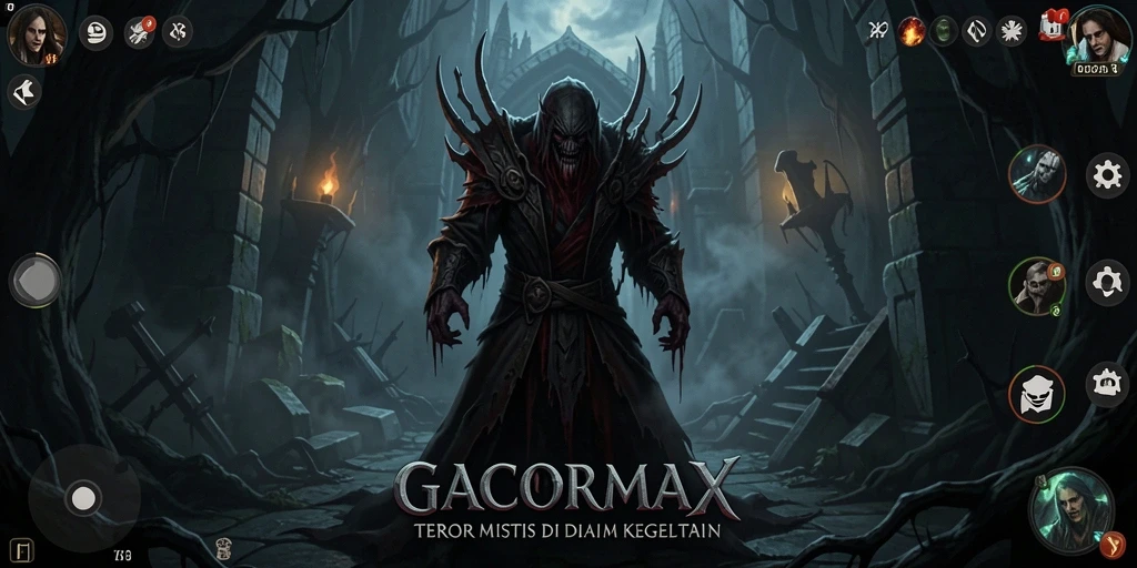 Screenshot gameplay GACORMAX menunjukkan suasana menakutkan yang mencekam.