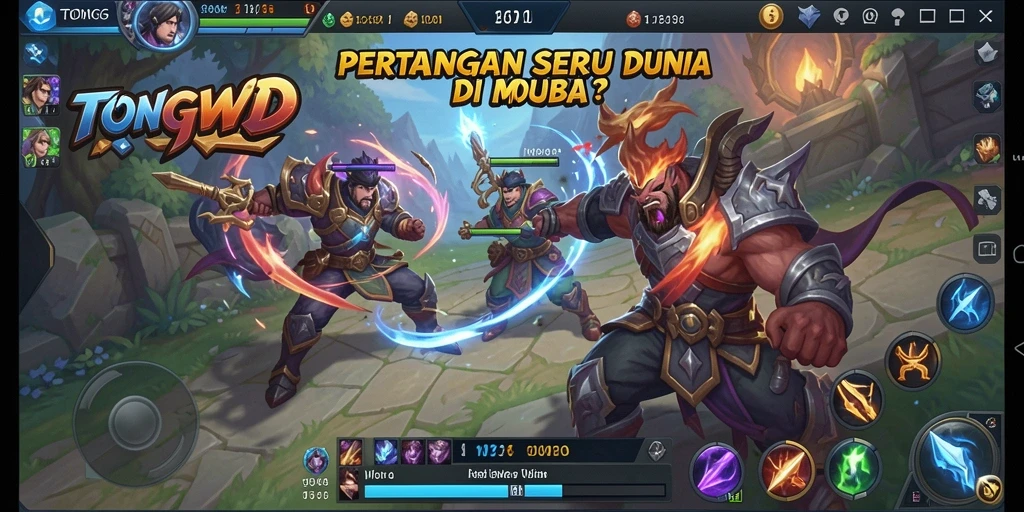 Screenshot utama TONGWD menampilkan pertarungan seru di arena MOBA.